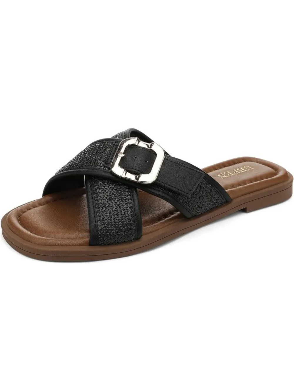 Women's Dark Black Square Toe Flat Sandals Slides Dressy Comfortable for Beach